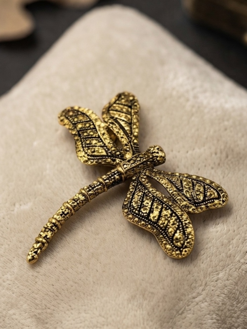 Vintage Gold-Tone Textured Dragonfly Brooch
